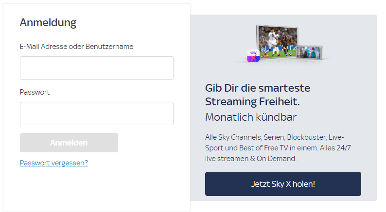 Sky X Passwort vergessen